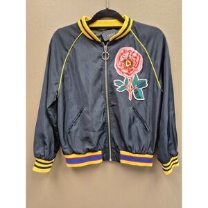 AKIRA Womens Large Snake Bee Embroidered Bomber Jacket Cropped Floral Varsity